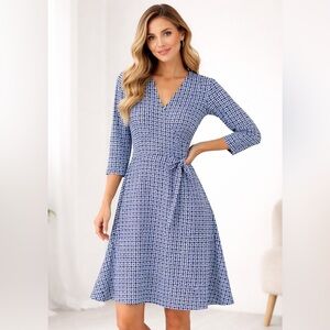 Leota Wrap Dress – Size Medium – Blue & White Geometric Print – Made in NYC